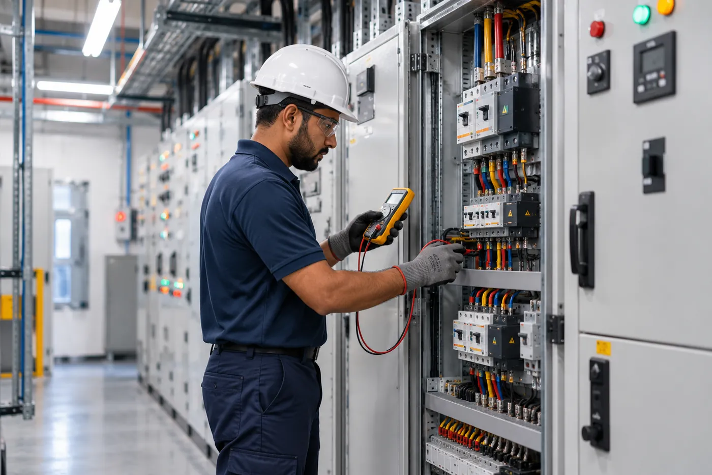 Logicon electrician testing an LT panel with a multimeter
