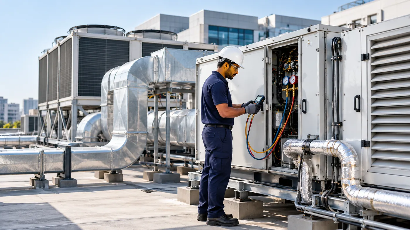 Logicon HVAC technician checking refrigerant pressures on a rooftop air handling unit