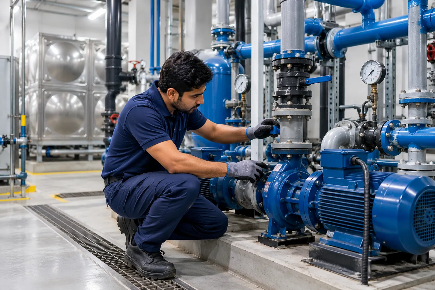 Logicon technician servicing a water pump beside storage tanks in a pump room
