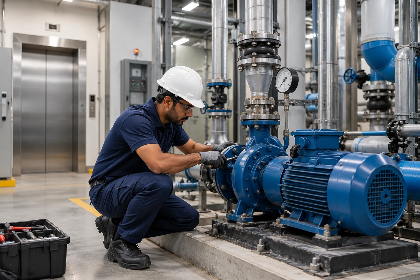 Logicon technician maintaining a pump motor, with a lift in the background