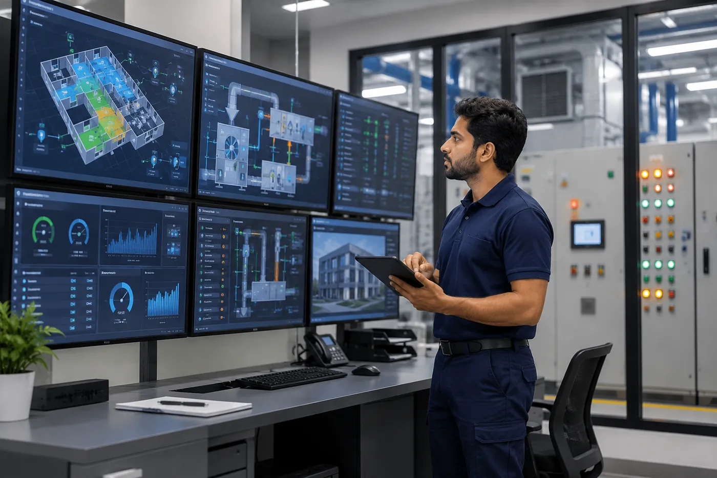 Logicon BMS operator monitoring building systems on control room screens