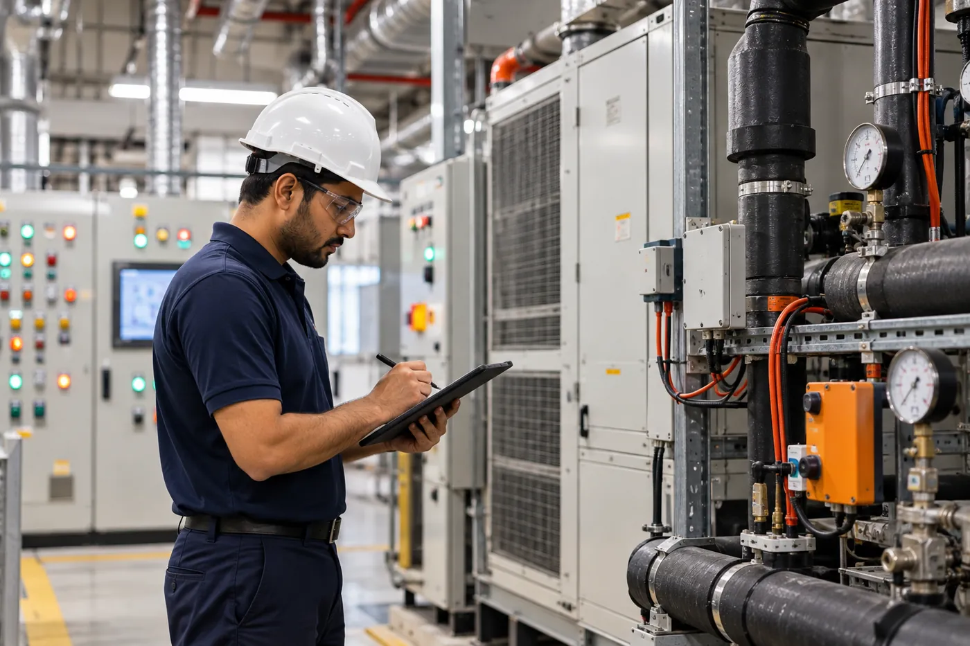 Logicon engineer logging chiller plant readings during a preventive maintenance round