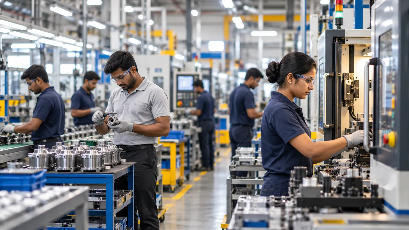 Production support staff inspecting parts and tending machines on a manufacturing shop floor