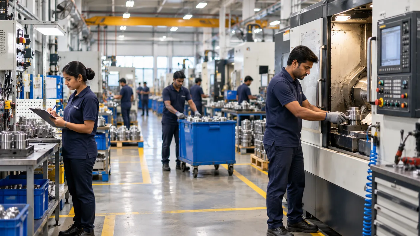 Operator loading a CNC machine while colleagues move material and check parts on the shop floor