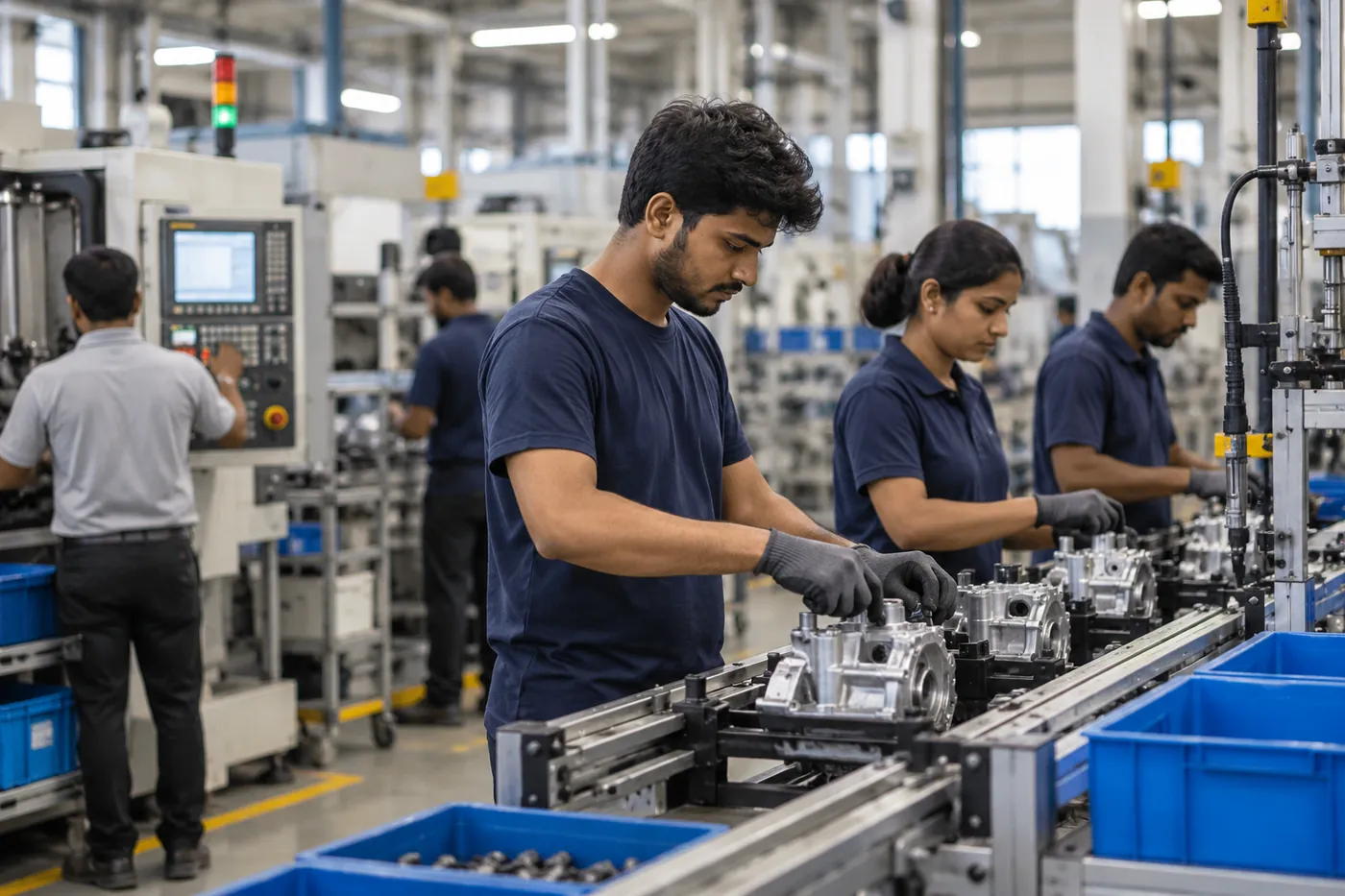 Production line operators assembling components along a conveyor