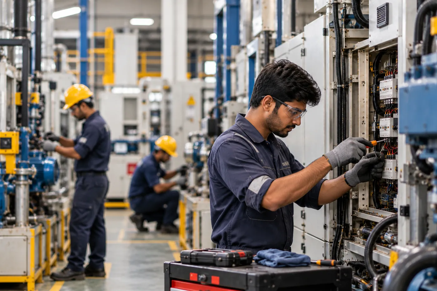 Maintenance technician working on a plant electrical panel with colleagues servicing equipment behind