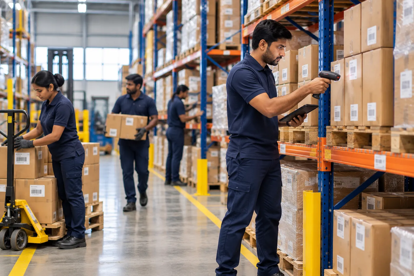 Warehouse staff scanning racked stock and moving cartons by pallet truck