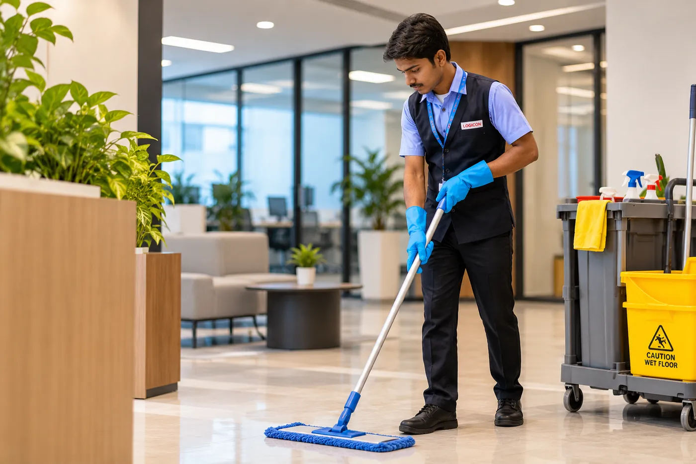 Logicon housekeeper mopping an office floor beside a cleaning trolley