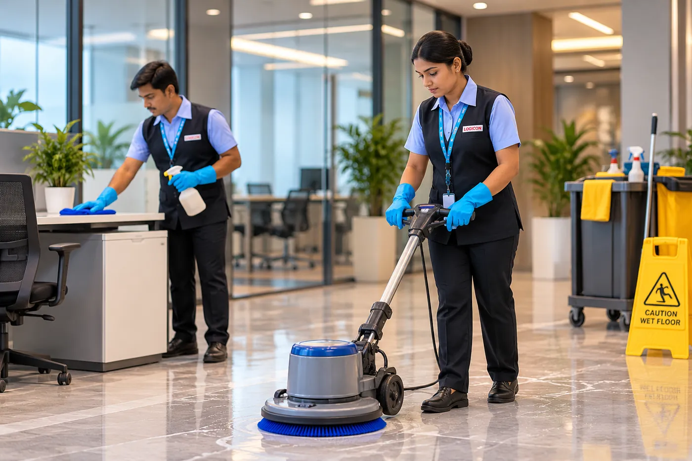 Logicon team machine-scrubbing a floor and wiping desks in a commercial office