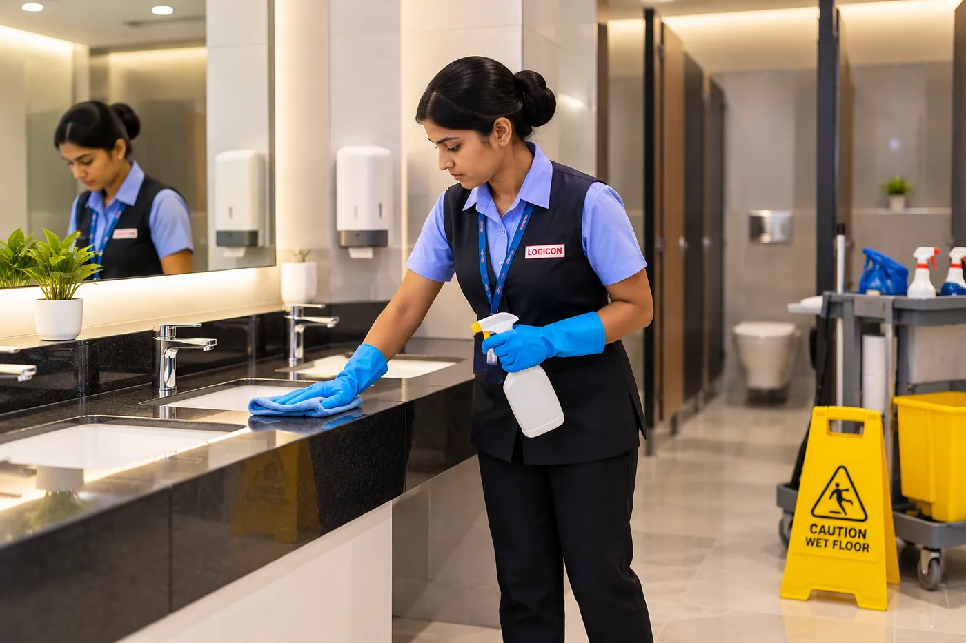Logicon staff member sanitising a washroom counter and basins