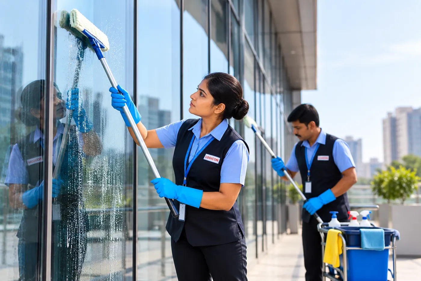 Logicon team cleaning the external glass facade of a commercial building
