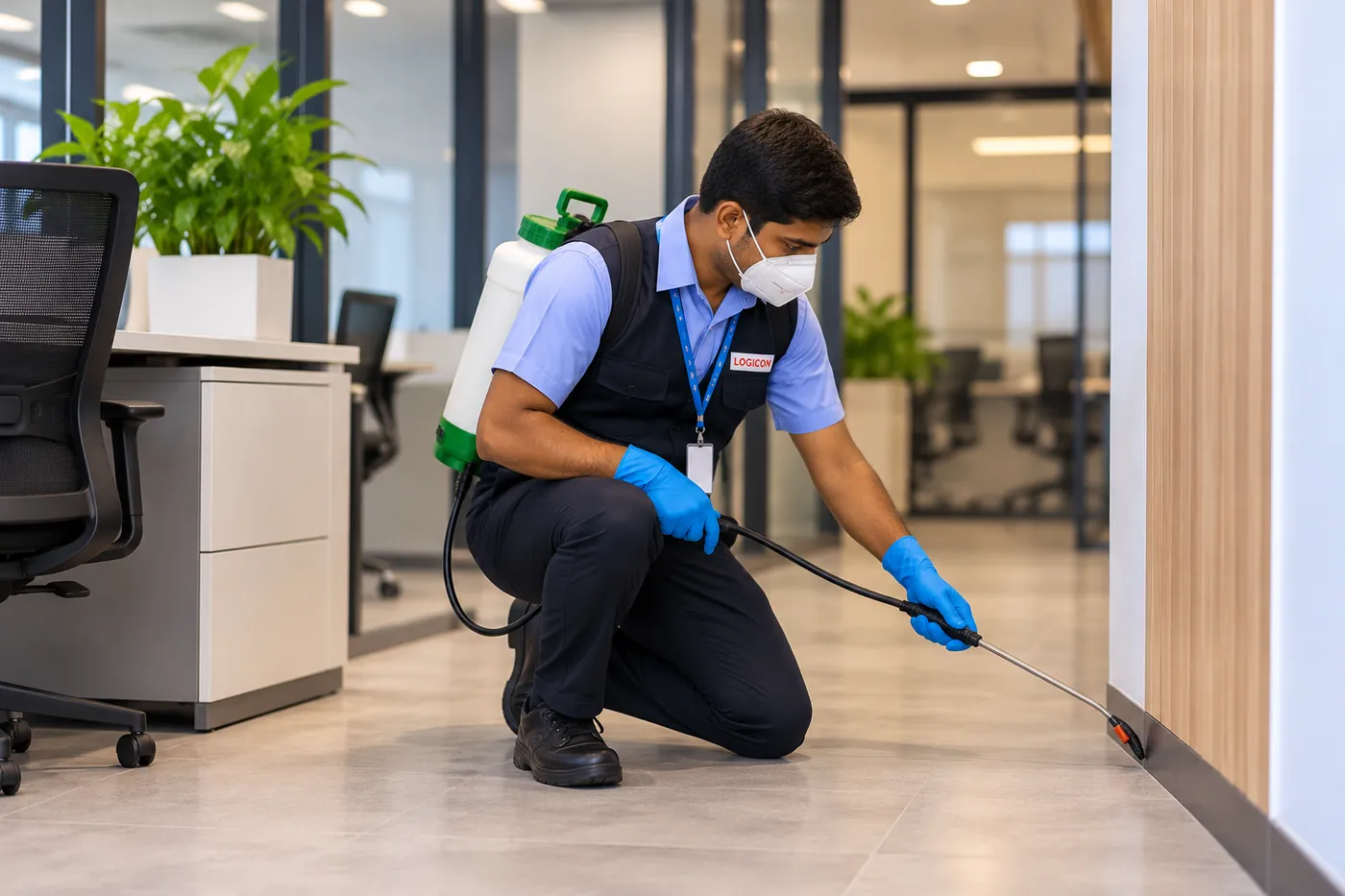 Logicon technician applying pest control treatment along an office skirting