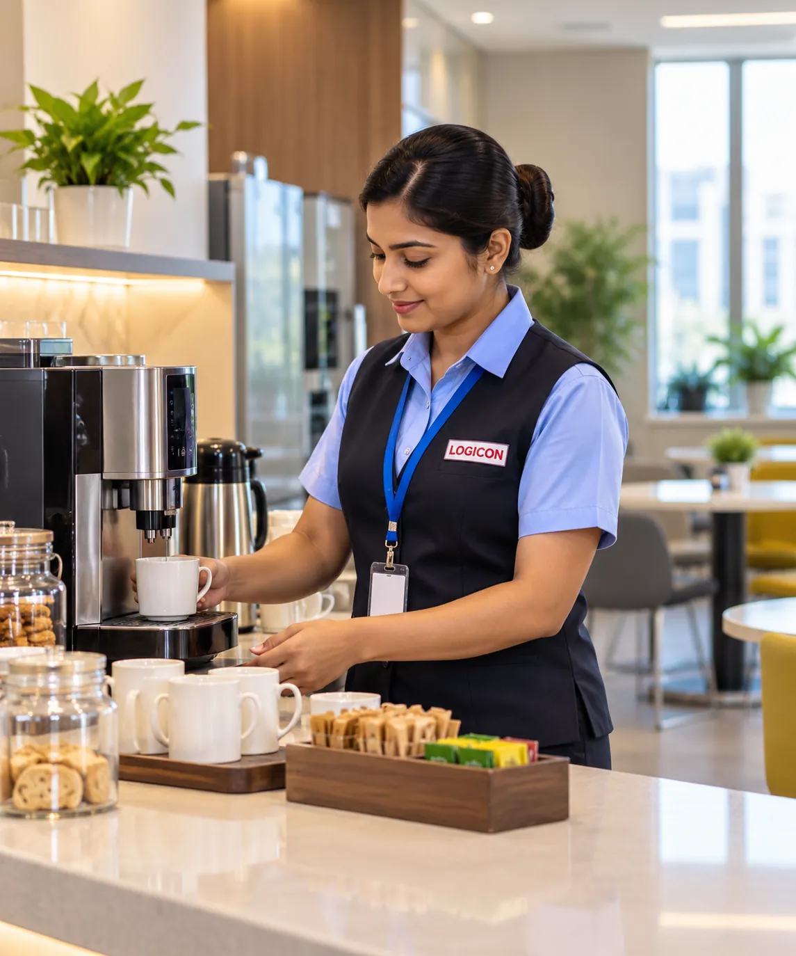 Logicon pantry staff preparing coffee at an office pantry counter