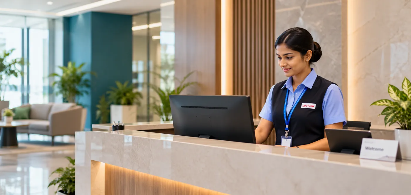 Logicon receptionist at a corporate front desk