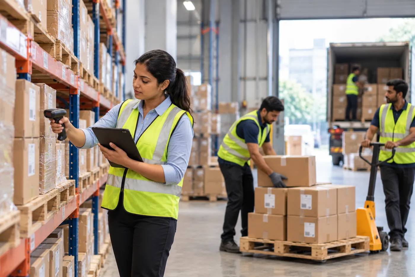 Temporary warehouse staff scanning stock and loading cartons during a peak period
