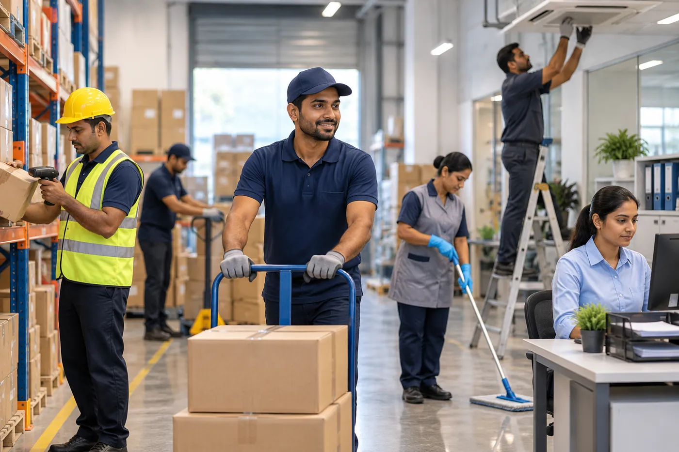 Warehouse, housekeeping, maintenance and office support staff at work on one site