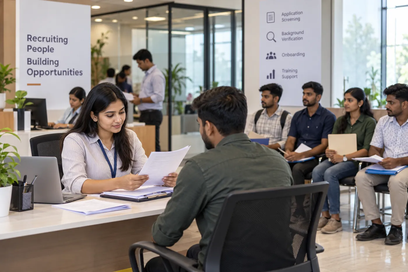 Recruiter screening a candidate while other applicants wait at a hiring drive