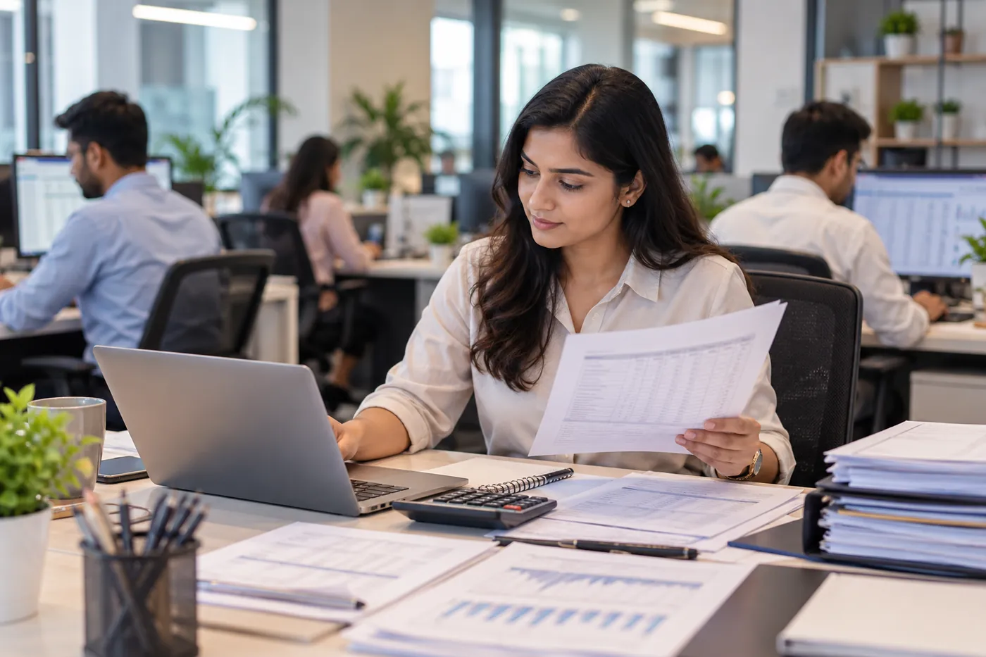 Payroll executive reviewing wage sheets at her desk