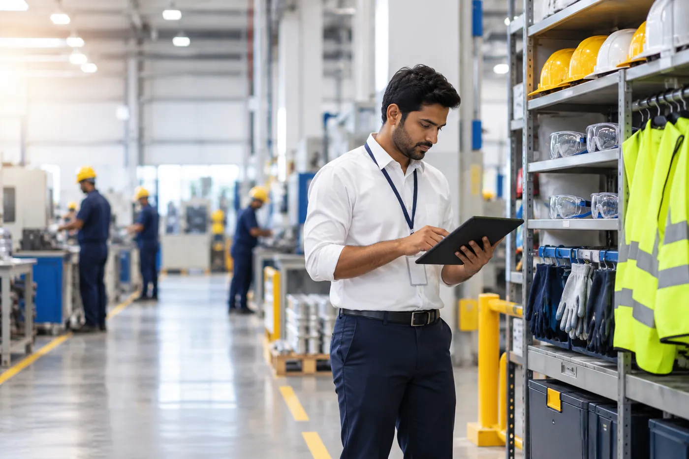 Compliance officer auditing PPE stock on a factory floor with a tablet