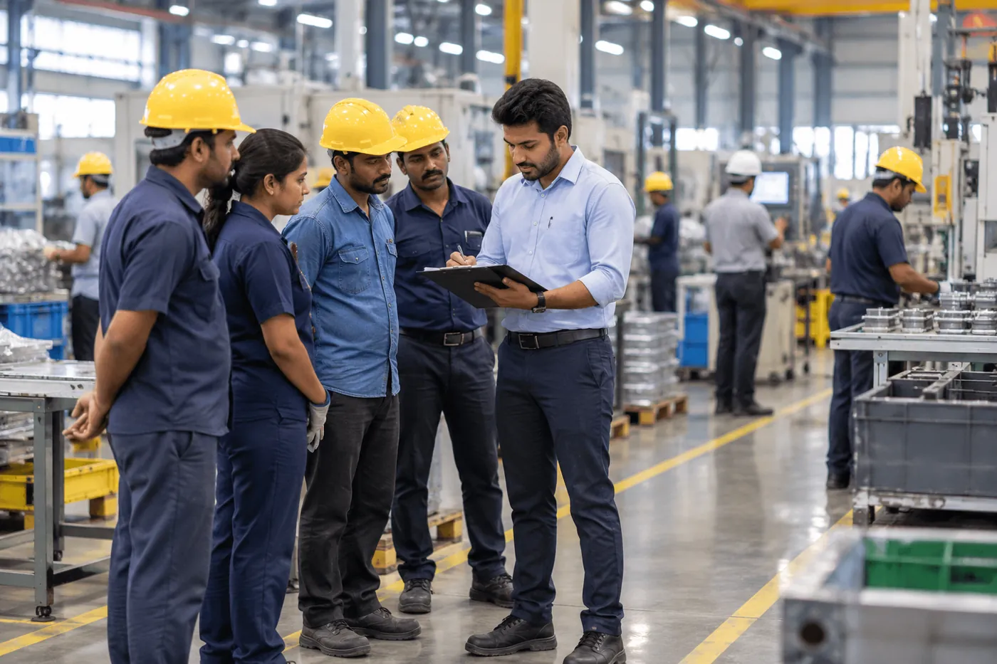 Supervisor marking attendance and briefing workers on a shop floor